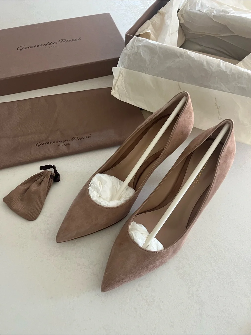 Gianvito Rossi Suede Pointed-Toe Pumps in Praline Beige